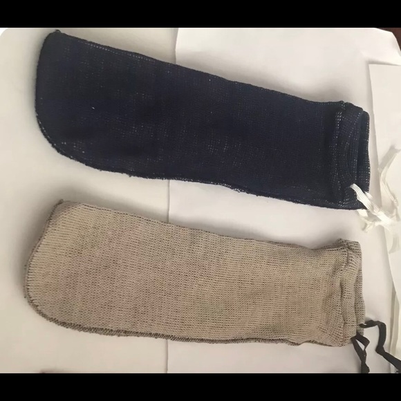 New Neiman Marcus Knit Shoe Bags Travel Beige Blue - Picture 15 of 16